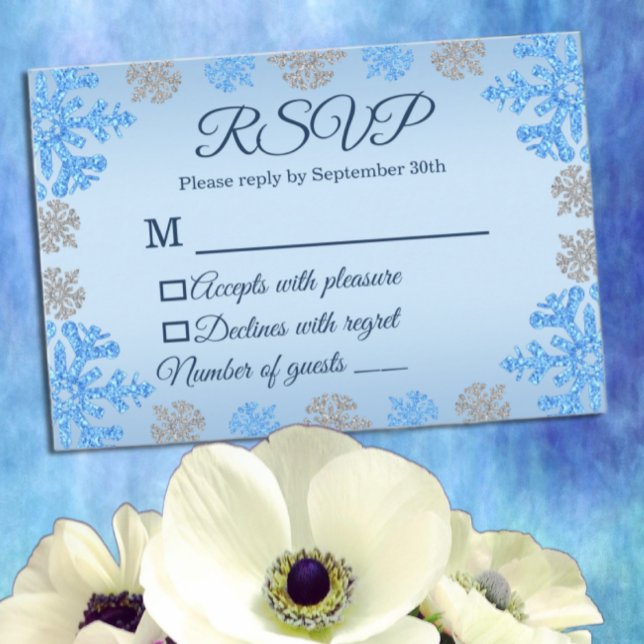Cartão RSVP Quinceañera Ice Blue Silver Floco de Neve de inver (Criador carregado)