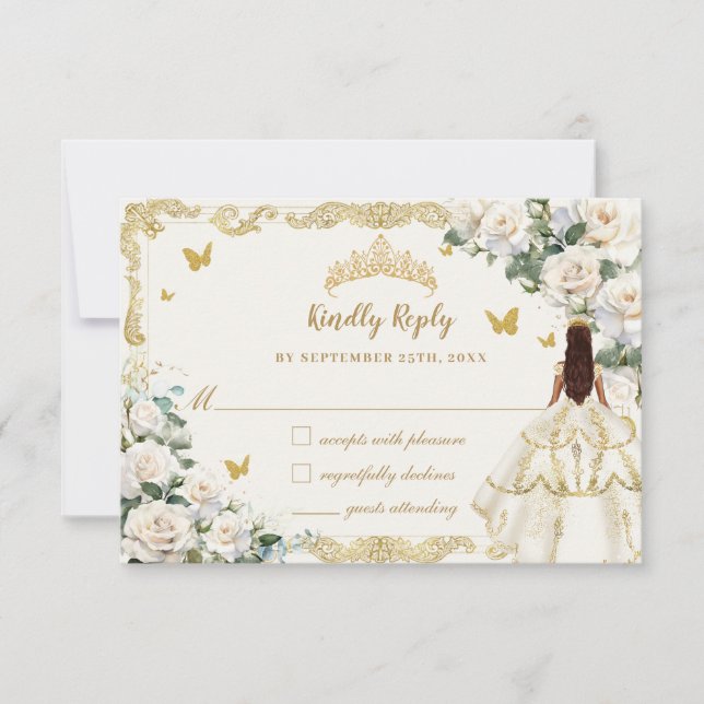Cartão RSVP Quinceañera Ivory White Floral Dress Princesa Dour (Frente)