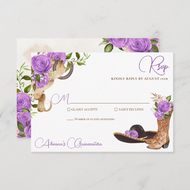 Cartão RSVP Quinceanera lavanda - Puro Charro Ocidental (Frente/Verso)
