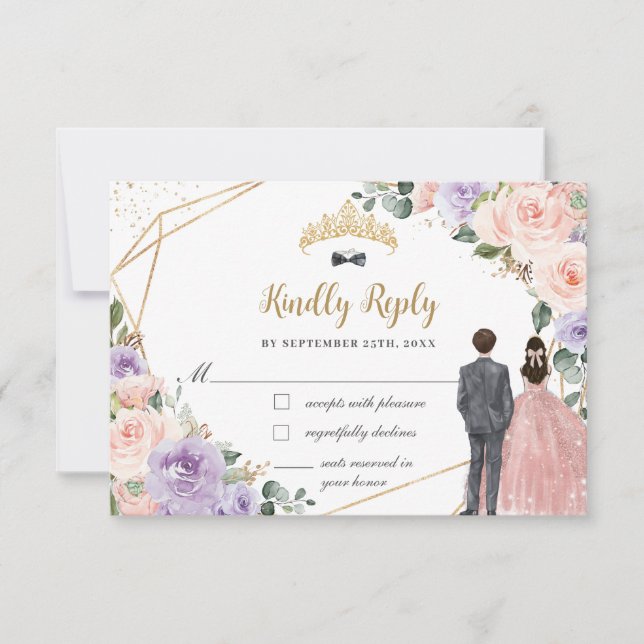 Cartão RSVP Quinceañera Lilac Blush Floral Twinzinha Garota (Frente)