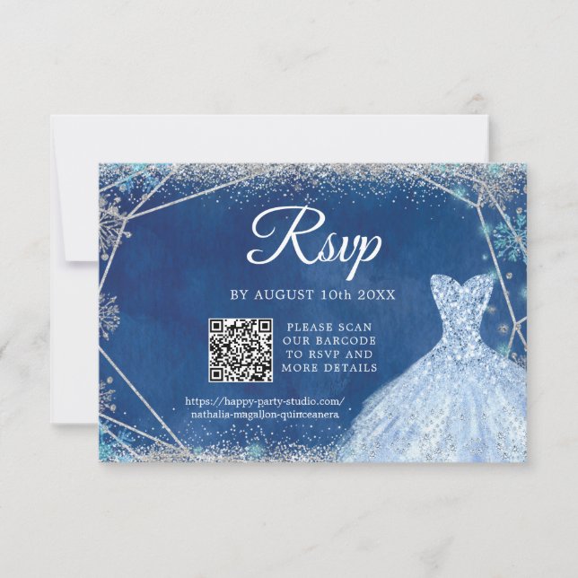 Cartão RSVP Quinceañera Marinho Elegante Blue Silver Christmas (Frente)