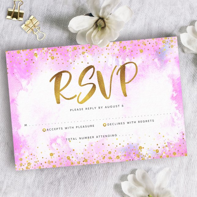 Cartão RSVP Quinceañera Pink Watercolor Gold Foil Elegante Chi (Criador carregado)