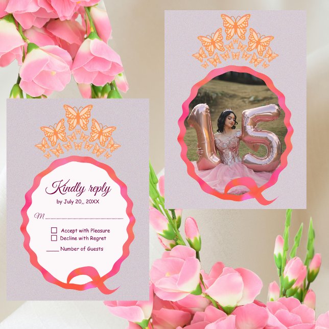 Cartão RSVP Quinceañera Princess Butterfly Crown Squiggle (Criador carregado)