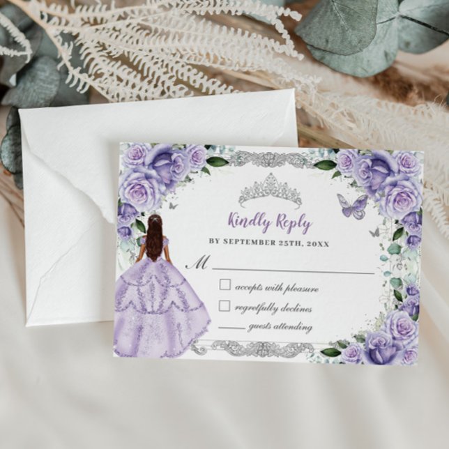 Cartão RSVP Quinceañera Purple Lavanda Princesa Floral (Criador carregado)