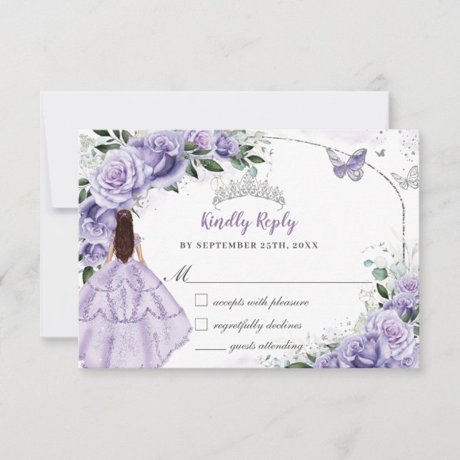 Cartão RSVP Quinceanera Purple Lavender Lilac Floral Princess (Frente)