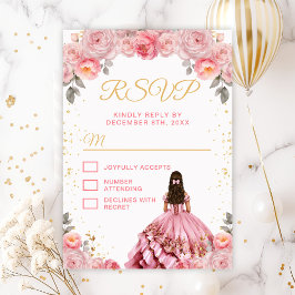 Cartão RSVP Quinceañera rosa Rosa Princesa Floral