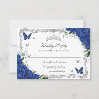 Cartão RSVP Quinceañera Royal Blue Floral Borboletas