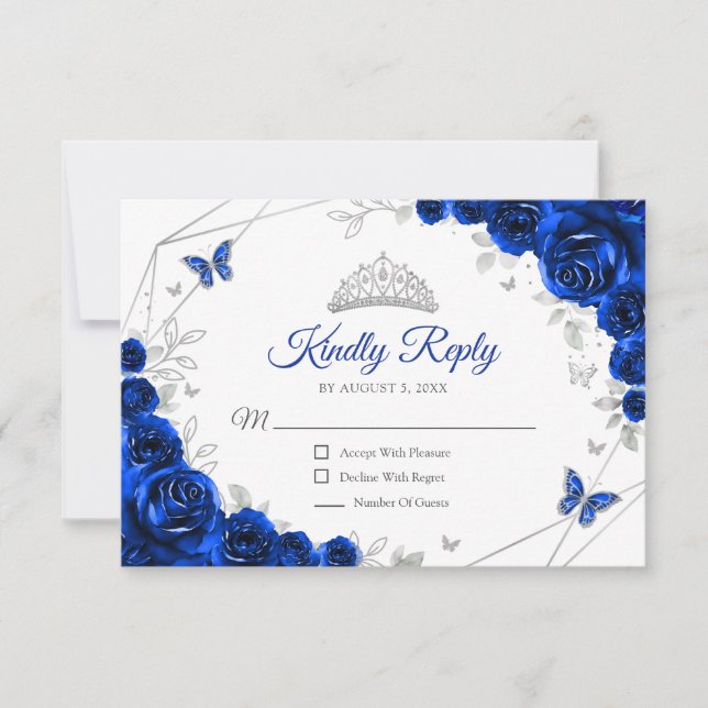 Cartão RSVP Quinceanera Royal Blue Silver Floral Reply (Frente)