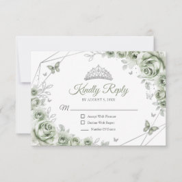 Cartão RSVP Quinceanera Sage Green Silver Floral Reply