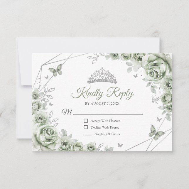 Cartão RSVP Quinceanera Sage Green Silver Floral Reply (Frente)