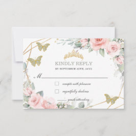 Cartão RSVP Quinceañera Sage Rosa Flórida Borboletas Verdes