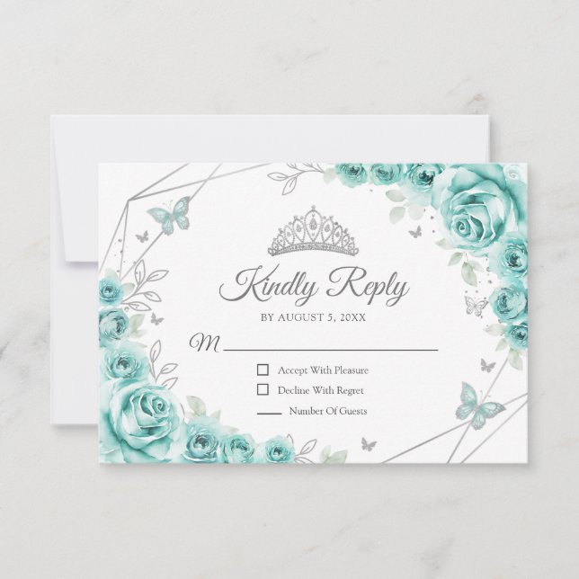 Cartão RSVP Quinceanera Turquoise Silver Floral Reply (Frente)