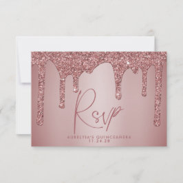 Cartão RSVP Quinto Quinceañera, Glitter Dourado Rosa