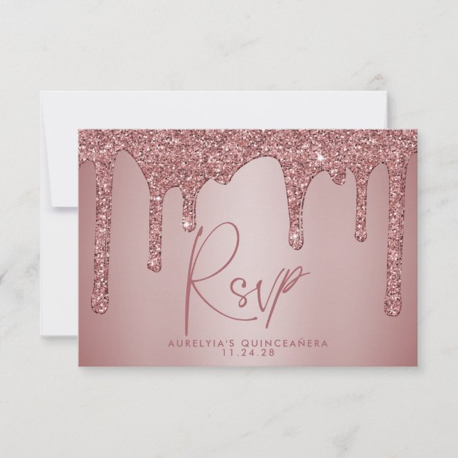 Cartão RSVP Quinto Quinceañera, Glitter Dourado Rosa (Frente)