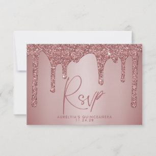 Cartão RSVP Quinto Quinceañera, Glitter Dourado Rosa