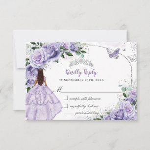 Cartão RSVP Quinze Anos Princesa Floral Roxo Lavanda Prata