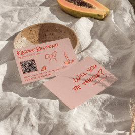 Cartão RSVP Quirky Hand Drawn Pink Red Unique QR Code Wedding