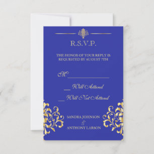 Cartão RSVP R.S.V.P. Casamento tema damasco Elegante Dourado e