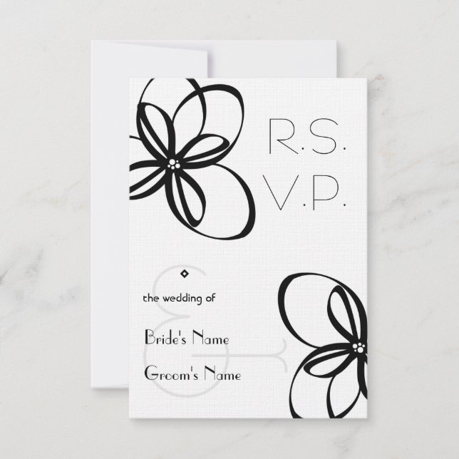 Cartão RSVP R.S.V.P. de Casamento Negro e Branco (Frente)