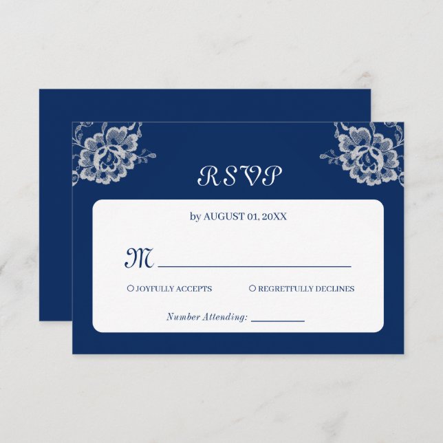 Cartão RSVP Raios Florais Elegantes no Casamento Azul Marinho (Frente/Verso)