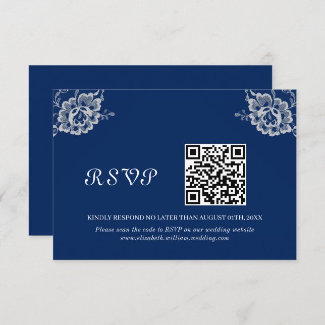 Cartão RSVP Raios Florais Elegantes no Casamento Azul Marinho (Frente/Verso)
