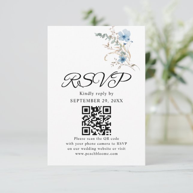 Cartão RSVP ramalhete de flores aquarela azul empoeirado rústi (Em pé/Frente)