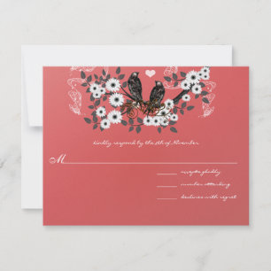 Cartão RSVP Ramo de Flor Vermelha Pássaros de Amor Casamento V