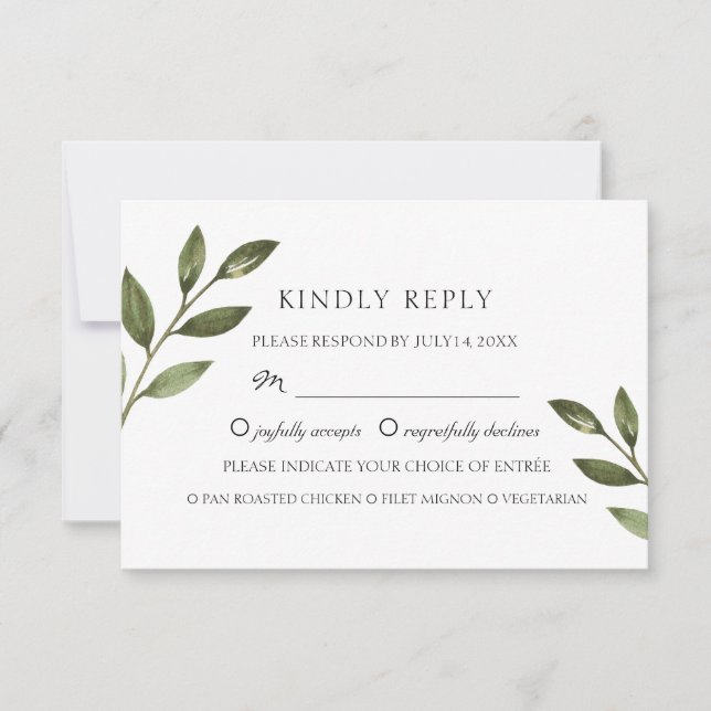 Cartão RSVP Ramos verdes elegantes. Casamento chique (Frente)