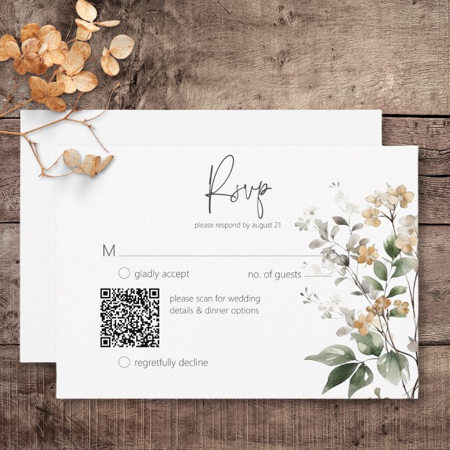 Cartão RSVP Rastreado Delicado Cai Cód. Vinho Selvagem (Rustic Delicate Tan Fall Wildflowers Wedding Response Card with QR Code)