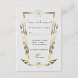 Cartão RSVP Real Arte Dourada Deco Monograma Casamento Branco