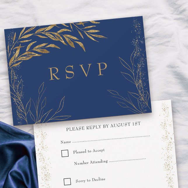 Cartão RSVP Real Azul e Dourado Folha Elegante (Response Card with editable RSVP date in blue, from my Gold Leaf Collection
)