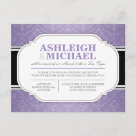 Cartão RSVP Recepção de Casamento com Damasco Cinza e Roxo SOM