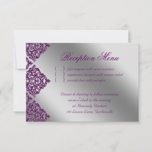 Cartão RSVP Recepção de Casamento Damask Roxo Brilho Prata (Frente)