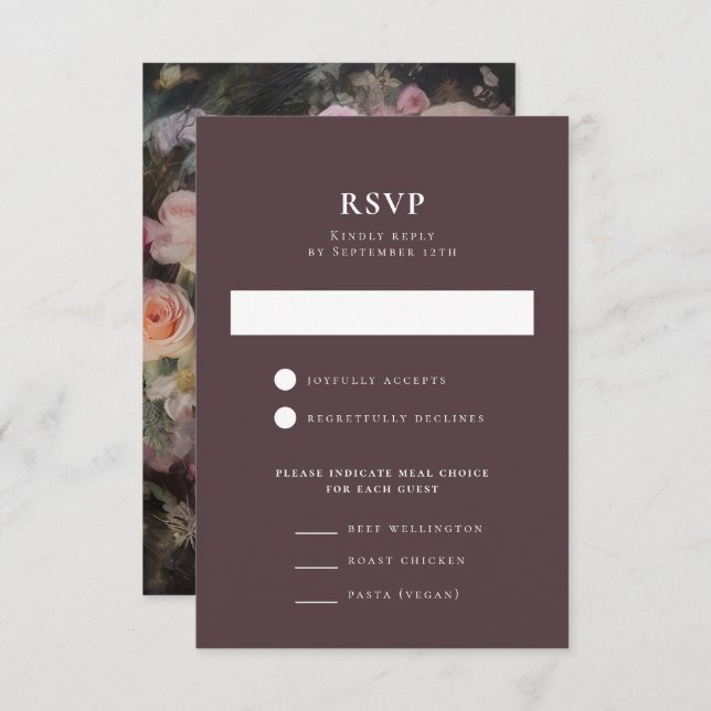Cartão RSVP Recepção de casamento Romântica Romântica Escura (Frente/Verso)