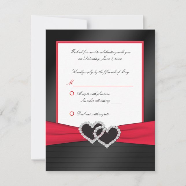 Cartão RSVP Red and Black Satin Pleats with Heart Reply Card (Frente)