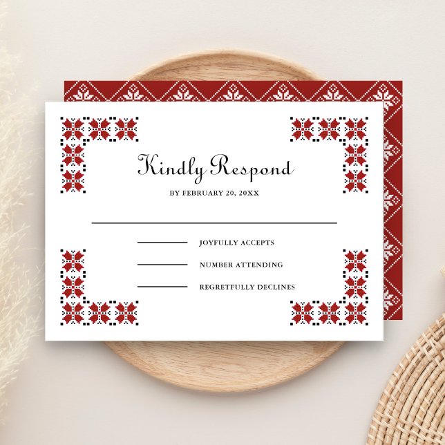Cartão RSVP Red and Black Ukrainian Embroidery Wedding (Criador carregado)