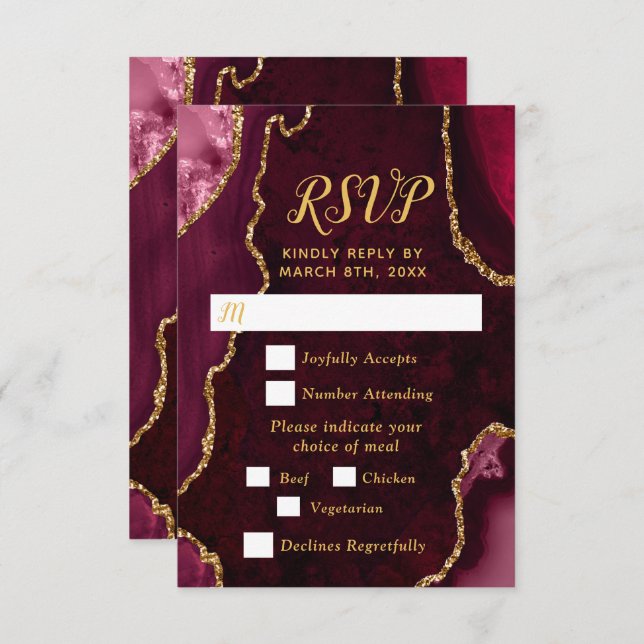 Cartão RSVP Red and Gold Agate Wedding Meal Choice (Frente/Verso)