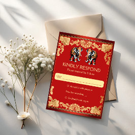 Cartão RSVP Red and gold Indian wedding elephants