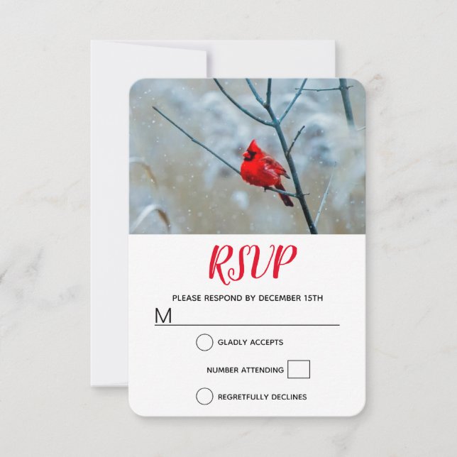 Cartão RSVP Red Cardinal no inverno Foto do Natal (Frente)