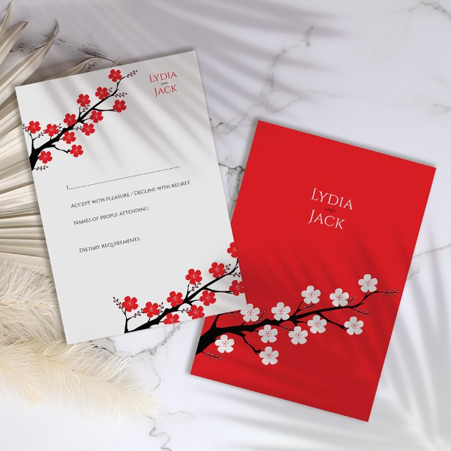 Cartão RSVP Red Cherry Blossom Themed Wedding (Criador carregado)