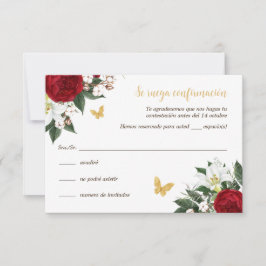 Cartão RSVP Red Dourado Quinceañera em espanhol