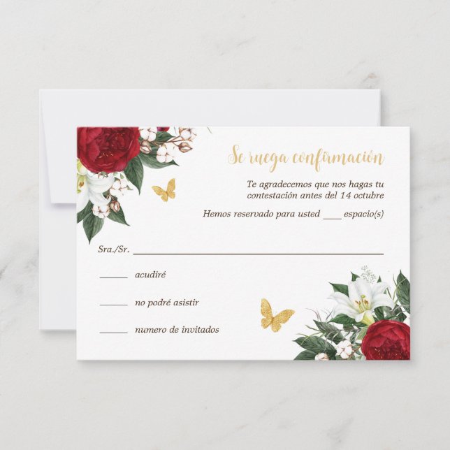 Cartão RSVP Red Dourado Quinceañera em espanhol (Frente)