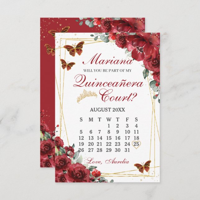 Cartão RSVP Red Floral Quinceanera 15 Court Proposal Card (Frente/Verso)