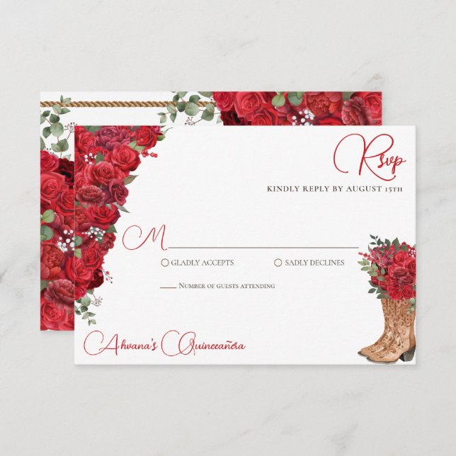 Cartão RSVP Red Floral Western Charro Quinceañera (Frente/Verso)