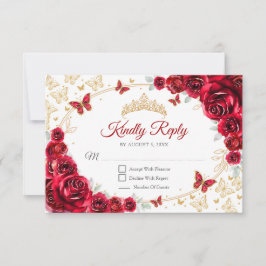 Cartão RSVP Red Gold Floral Quinceanera Reply