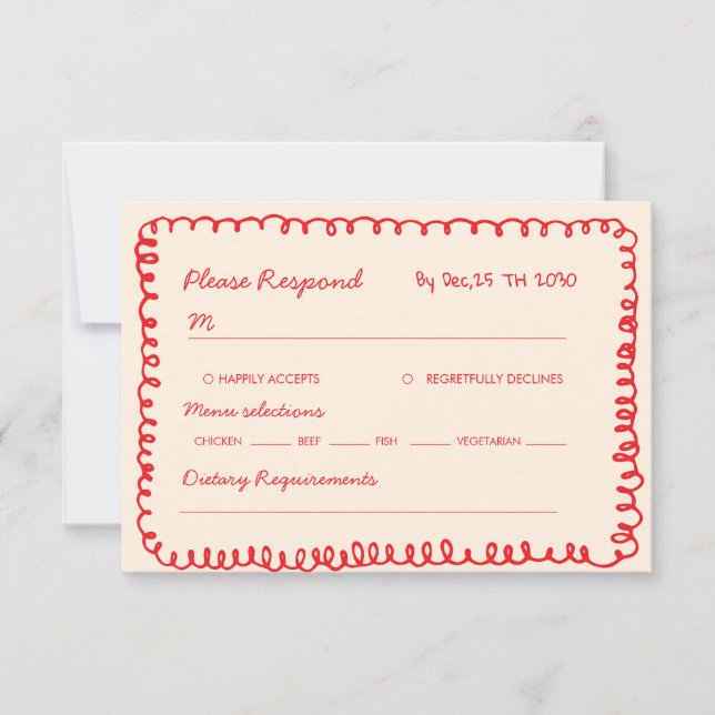 Cartão RSVP  red hand drawn heart whimsical wedding (Frente)