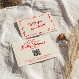 Cartão RSVP Red Hand Escrito Quirky Modern Arco QR Casamento