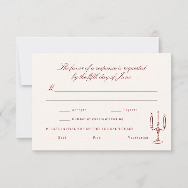 Cartão RSVP Red Illustrated Whimsical Wedding (Frente)