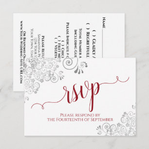 Cartão RSVP Red on White Elegant Calliografia Frilly Casamento