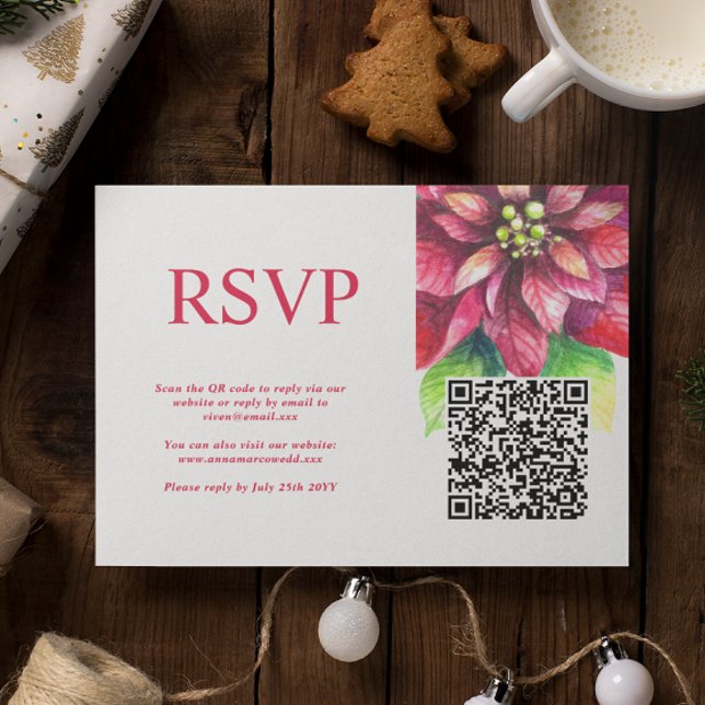 Cartão RSVP Red Poinsettia Winter Christmas Weding QR Code (Criador carregado)